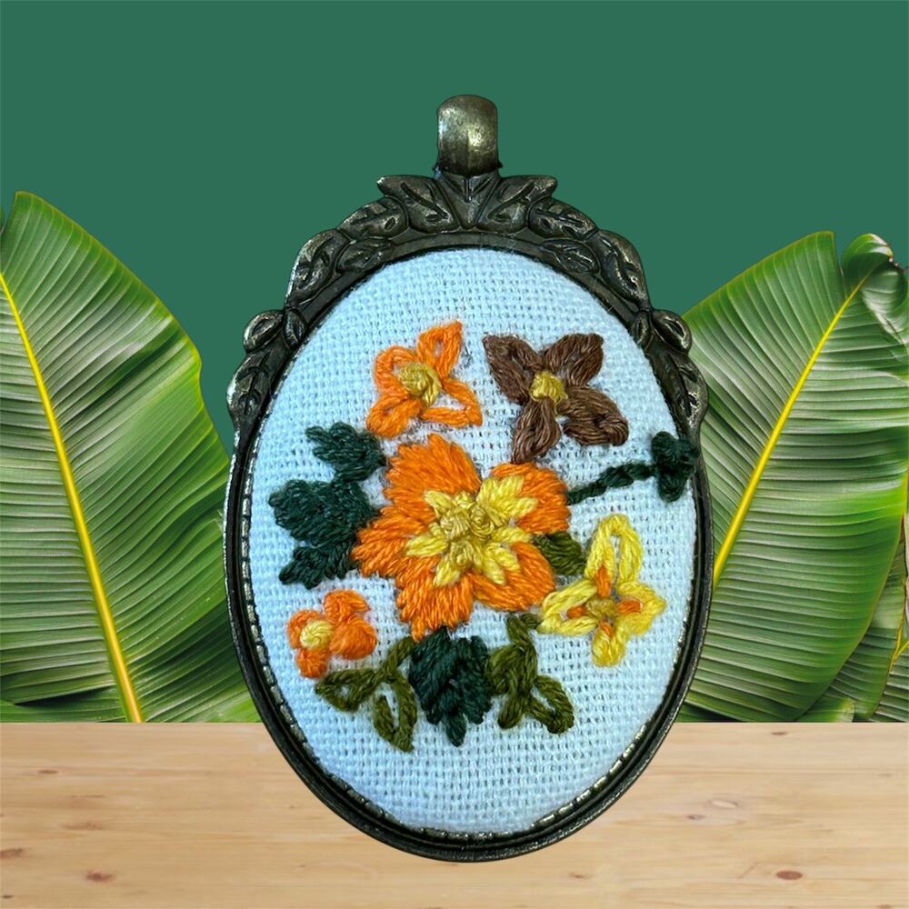 Fall Flowers Handmade Embroidery Necklace - Orange floral Pendant